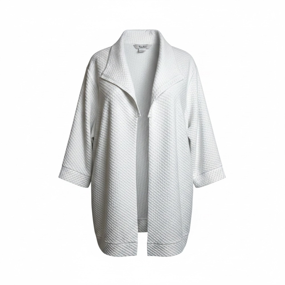 Tanjay 3X White Textured Honeycomb Open Front Shawl Collar Jacket Cardigan